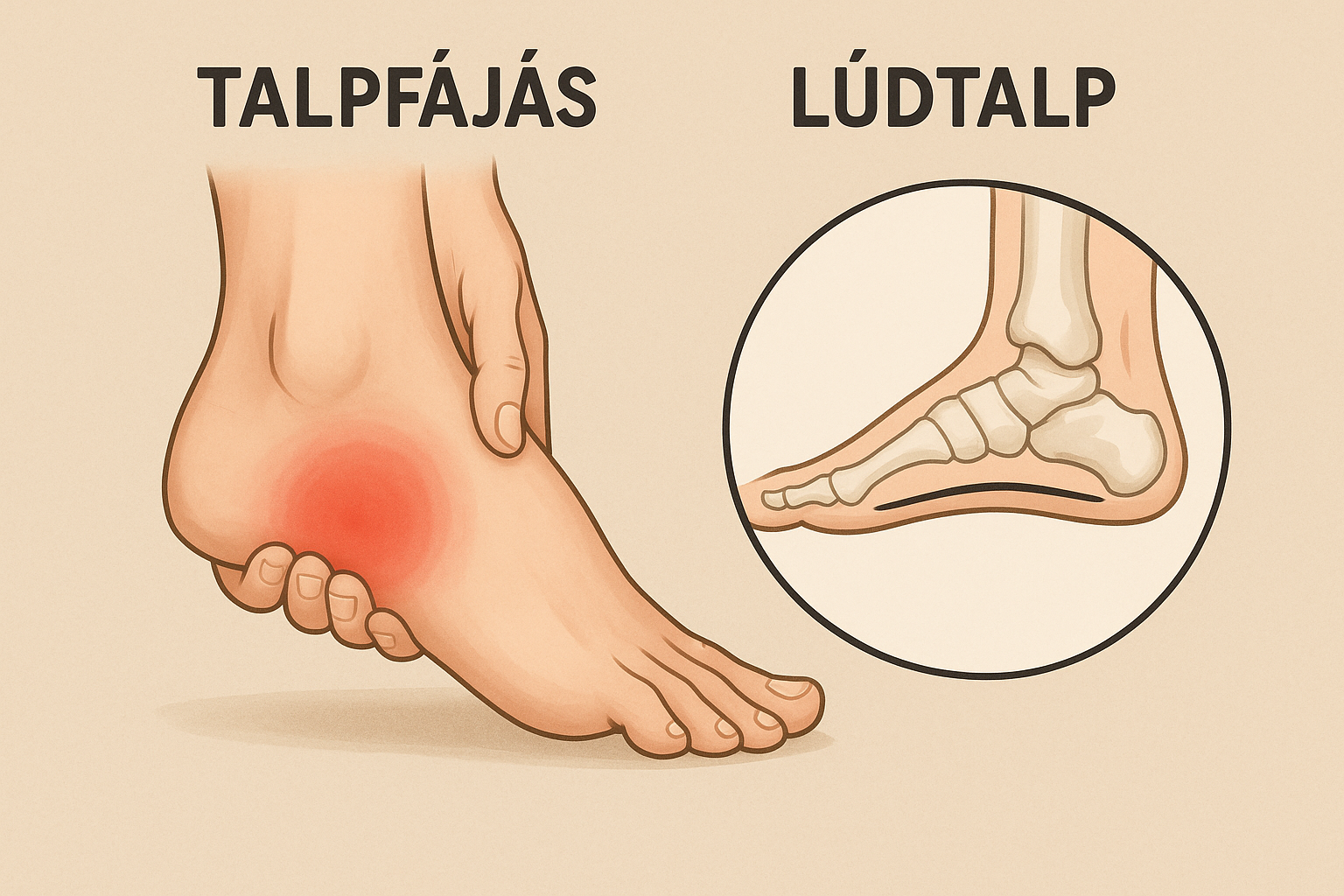 Szemléltető ábra a lúdtalp okozta talpfájásról és a lesüllyedt lábboltozatról