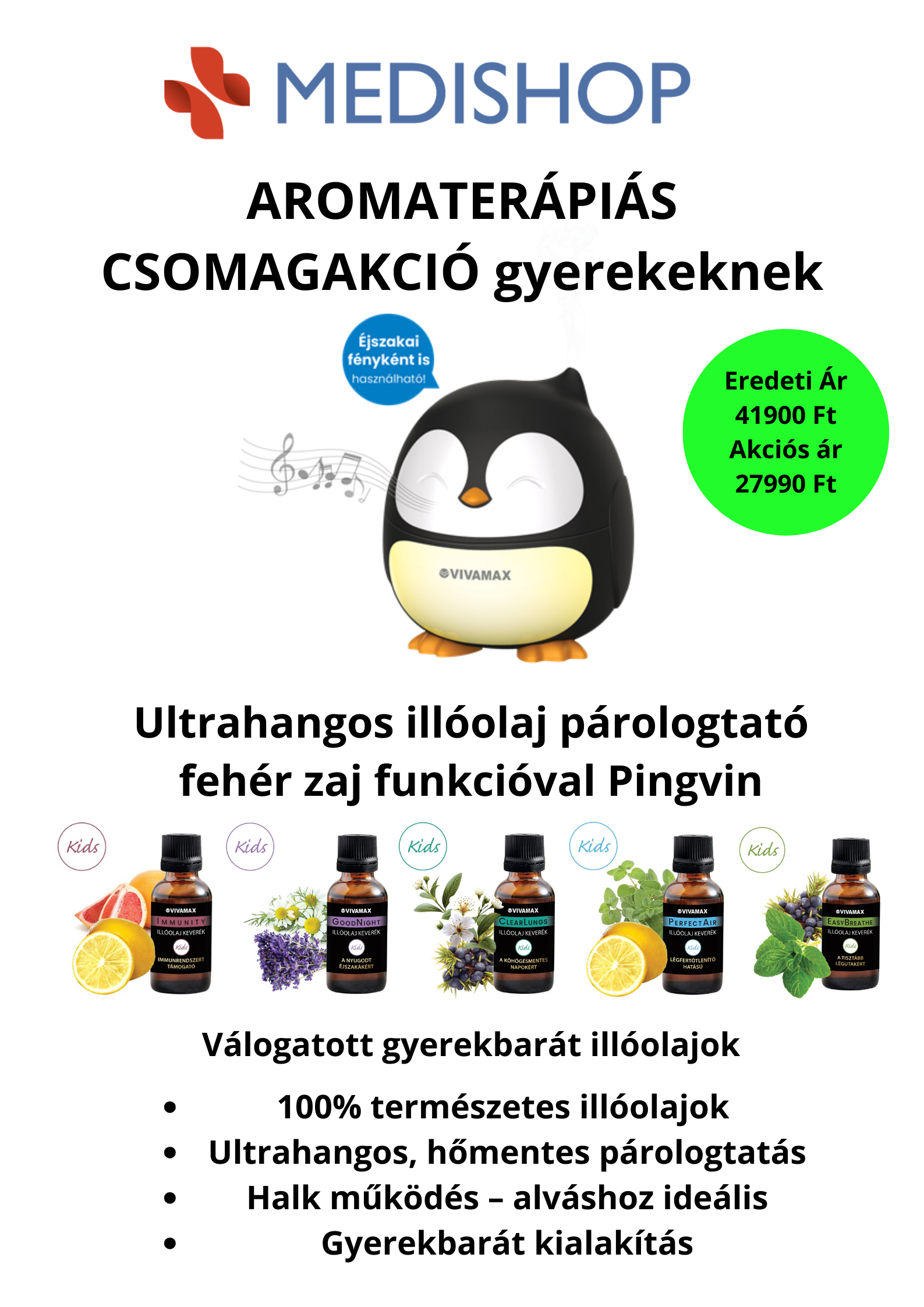 Aromaterápiás csomag gyerekeknek pingvin párologtatóval és illóolaj keverékekkel