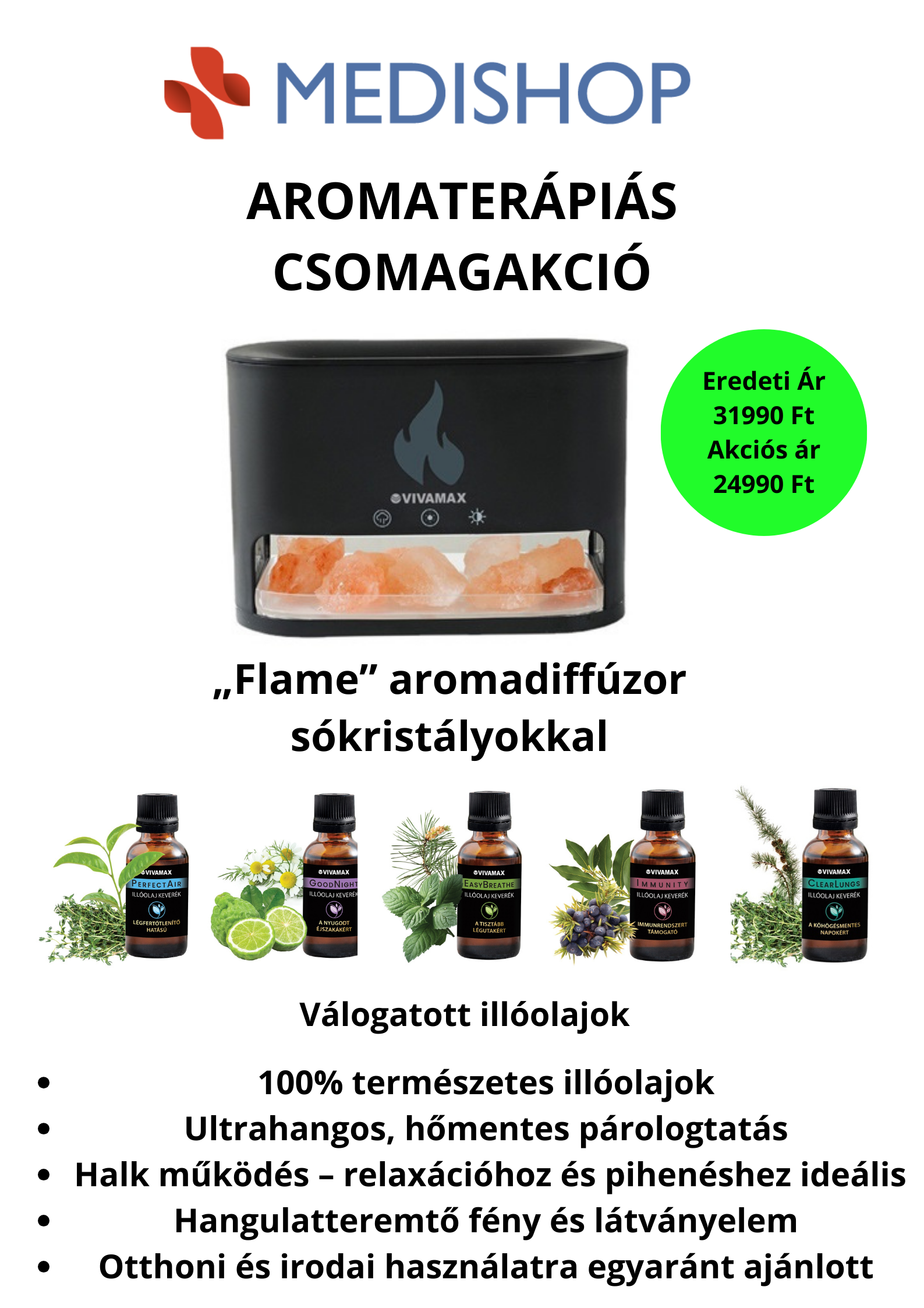 Aromaterápiás csomag Flame diffúzorral és illóolaj keverékekkel