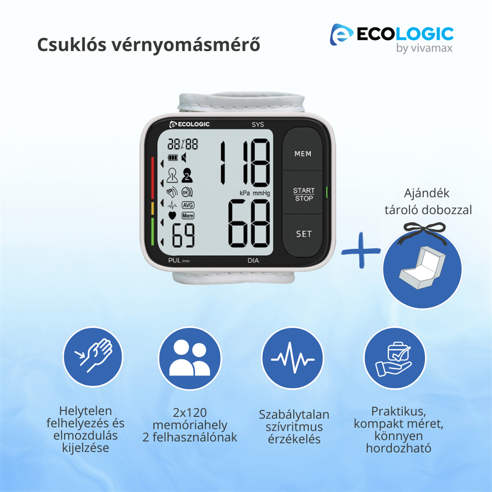 GYEL07_EcoLogic_Csuklos_vernyomasmero-i19798 Eco Logic csuklós vérnyomásmérő digitális kijelzővel, praktikus hordozhatósággal otthoni használatra