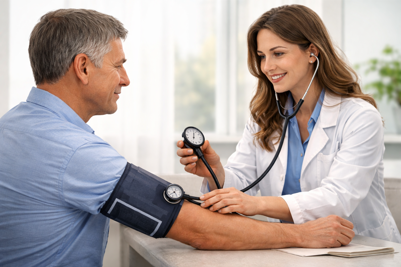 COrvos vérnyomást mér egy idősebb férfinál rendelői környezetben, magas vérnyomással kapcsolatos egészségügyi vizsgálat Orvos vérnyomást mér egy idősebb férfinál rendelői környezetben, magas vérnyomással kapcsolatos egészségügyi vizsgálat