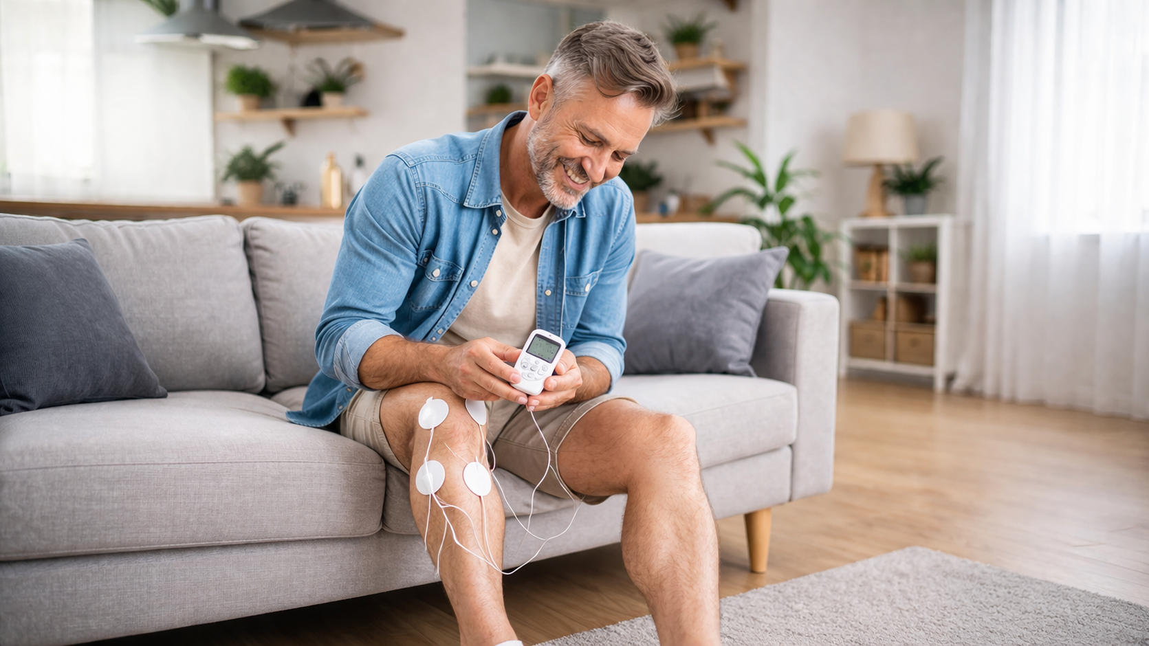 TENS készülék használata térdfájdalomra otthon Középkorú férfi TENS készüléket használ térdfájdalom csillapítására otthon