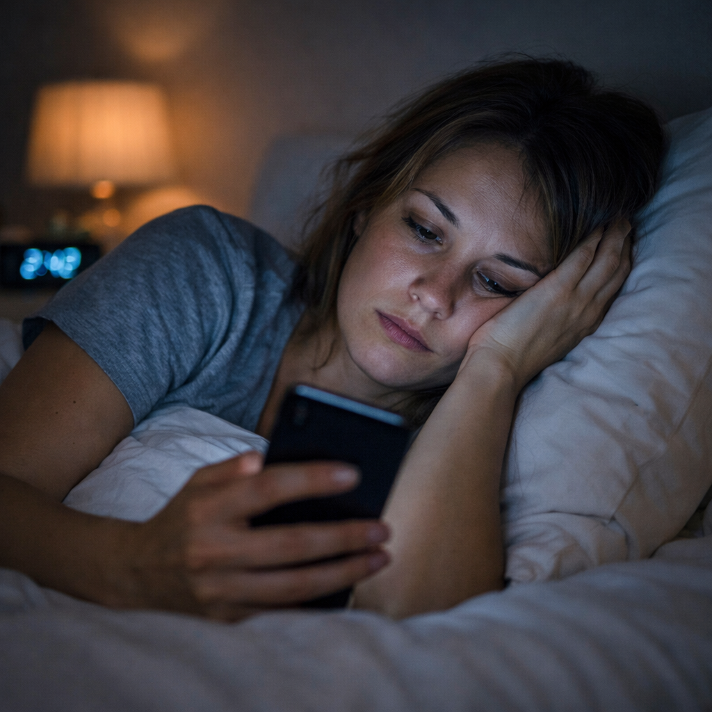 kimerült nő az ágyban telefonozik éjszaka alvásszorongás és álmatlanság miatt